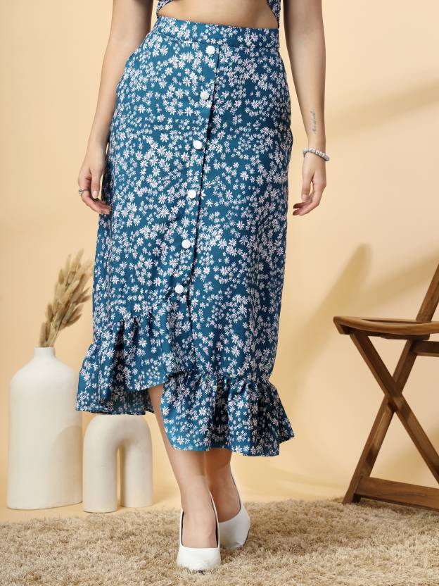 Women Floral Print Flared Blue Skirt